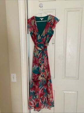 Bar III Teal and Pink Floral Wrap Maxi Dress